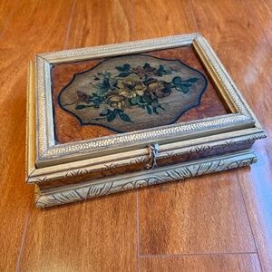 Antique Vintage Jewelry Box Victorian Still Life Floral Flower With Mirror 10”